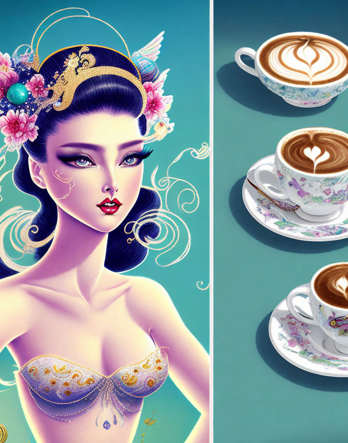 Stylized woman with hair accessories and coffee cups on vibrant teal background