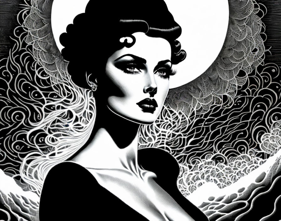 Monochrome stylized woman with wavy hair and vintage makeup against abstract crescent moon background