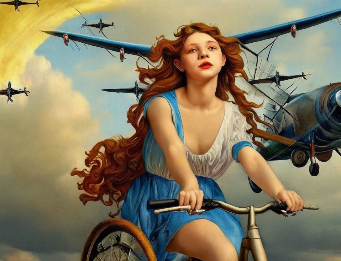 Woman with Red Hair Riding Bicycle Under Vintage Airplanes