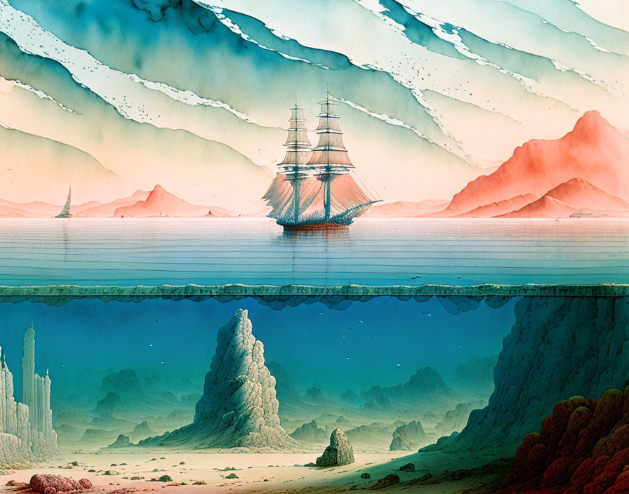 Surreal landscape with ship, mirrored sea, rocky formations, hazy mountains