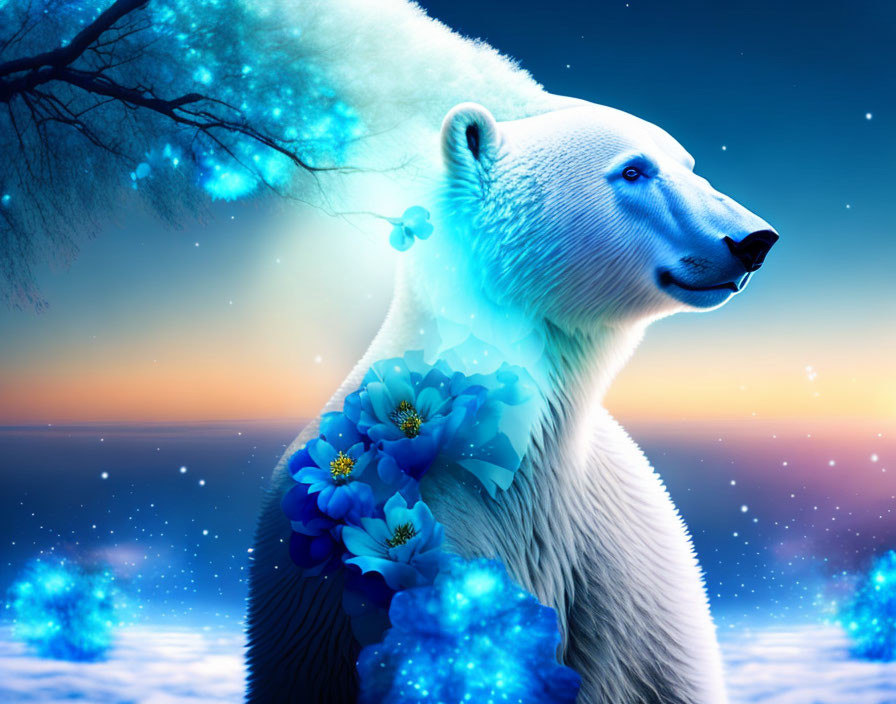 Surreal white polar bear with blue flowers on night sky background