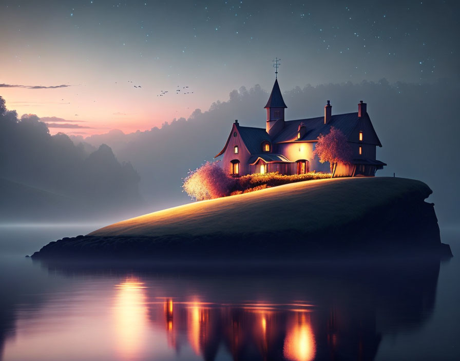 House on Small Island Glowing at Twilight