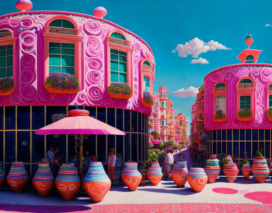 Colorful pink buildings and whimsical architecture under a blue sky with people and colorful planters.