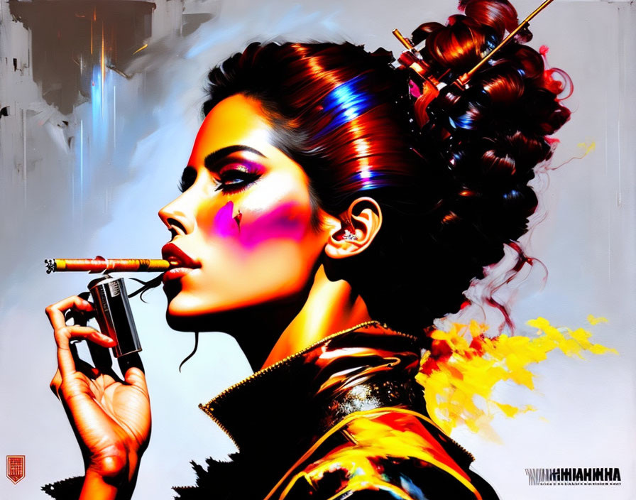 Colorful digital artwork: Woman with dramatic makeup and cigarette