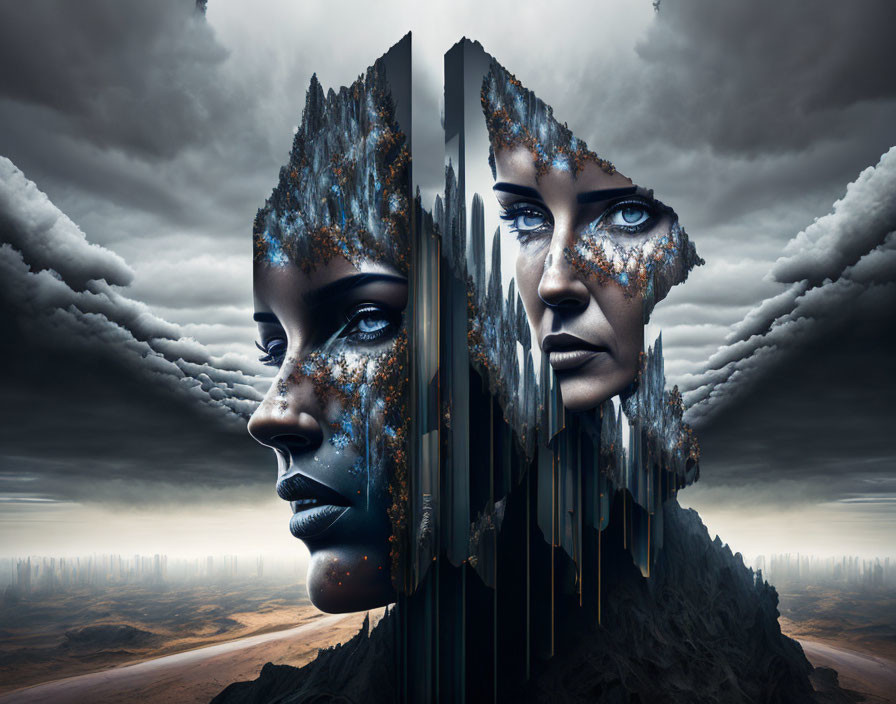 Mirrored woman with fragmented face in surreal landscape