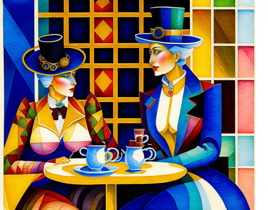 Vibrant Cubist-style illustration of two people in Victorian attire with teacups