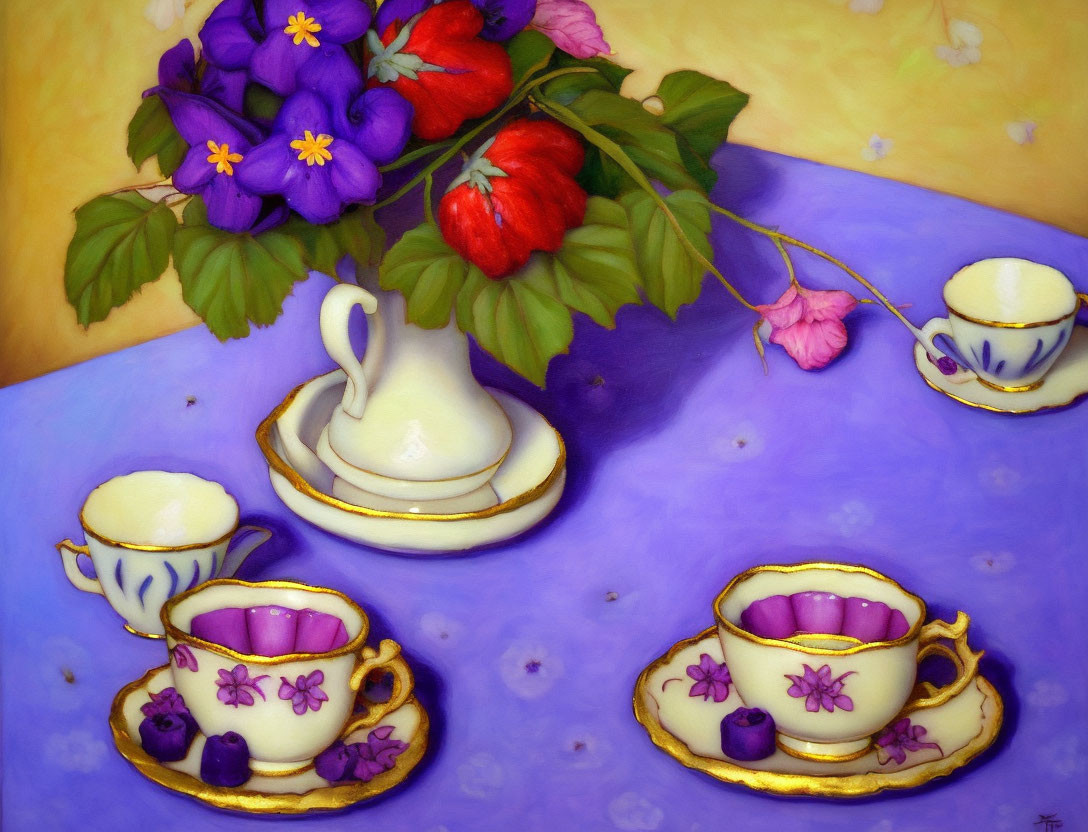 Colorful Still Life Painting with Vase, Flowers, and Teacups