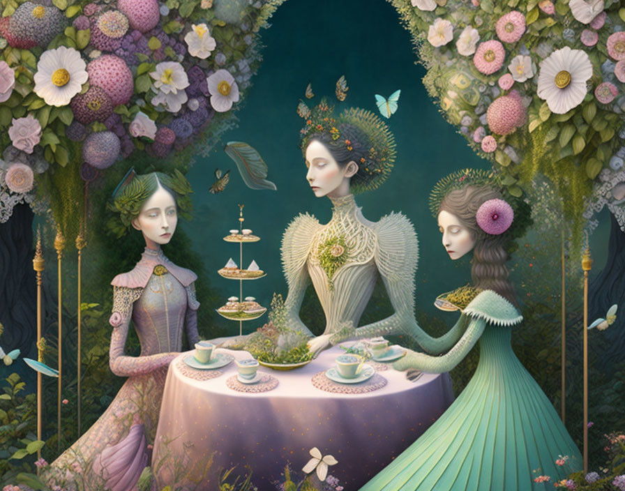 Ethereal female figures serving tea in a fantastical garden setting