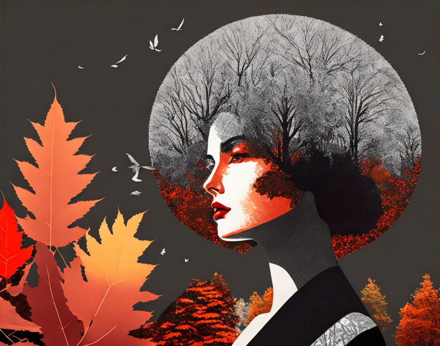 Illustration of woman with tree-filled landscape hair in autumn setting