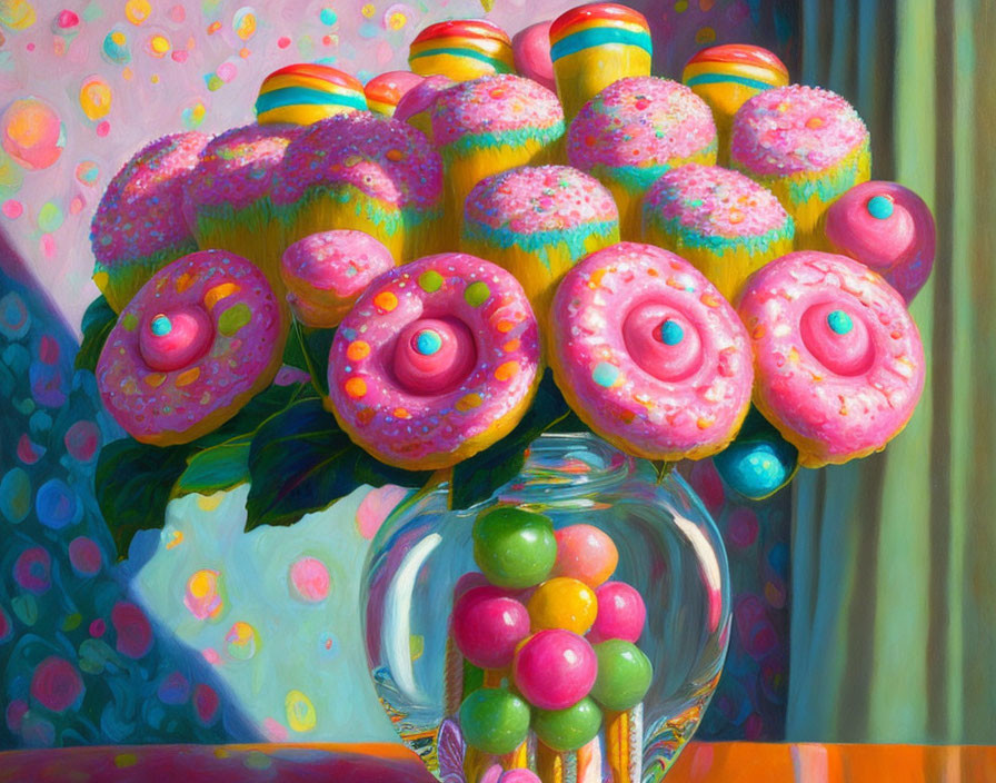 Colorful Sprinkle Donuts on Leaves with Gumballs in Glass Vase