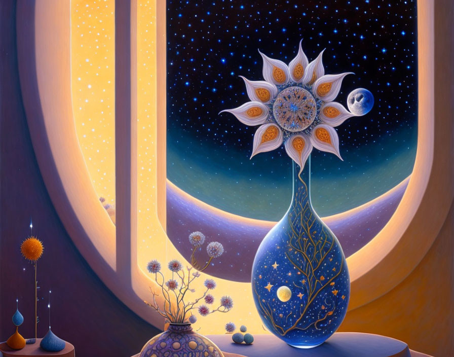 Stylized flower in vase by window with starry sky view