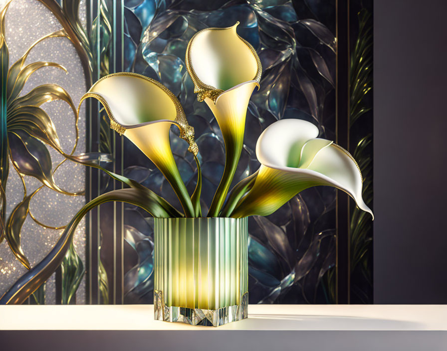 Metallic Gold and White Calla Lily Flowers in Geometric Vase on Leaf-Patterned Background