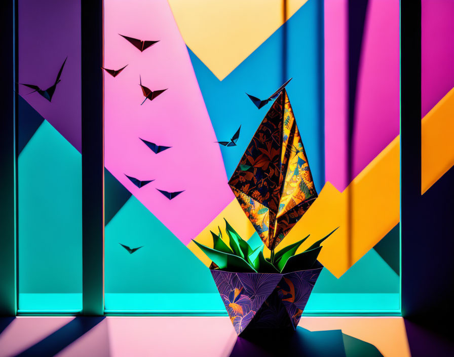 Colorful geometric background with patterned plant and origami birds.