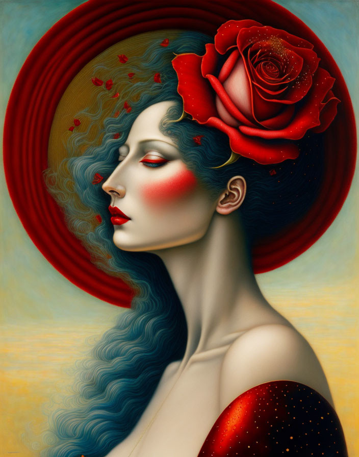 Surrealist portrait of woman with wavy blue hair and red rose hat