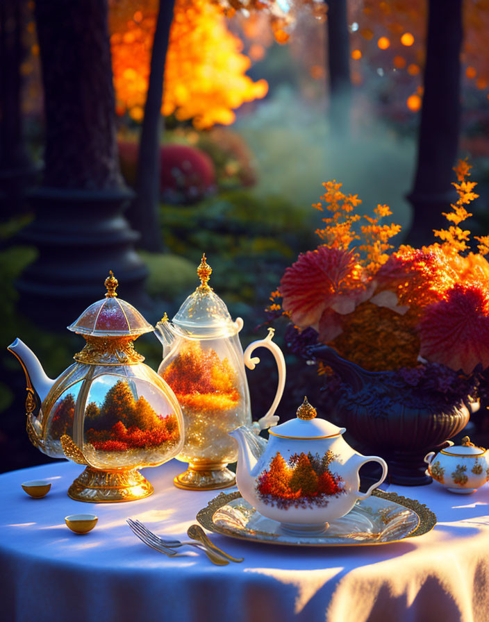 Autumn Forest Design Tea Set in Magical Fall Setting