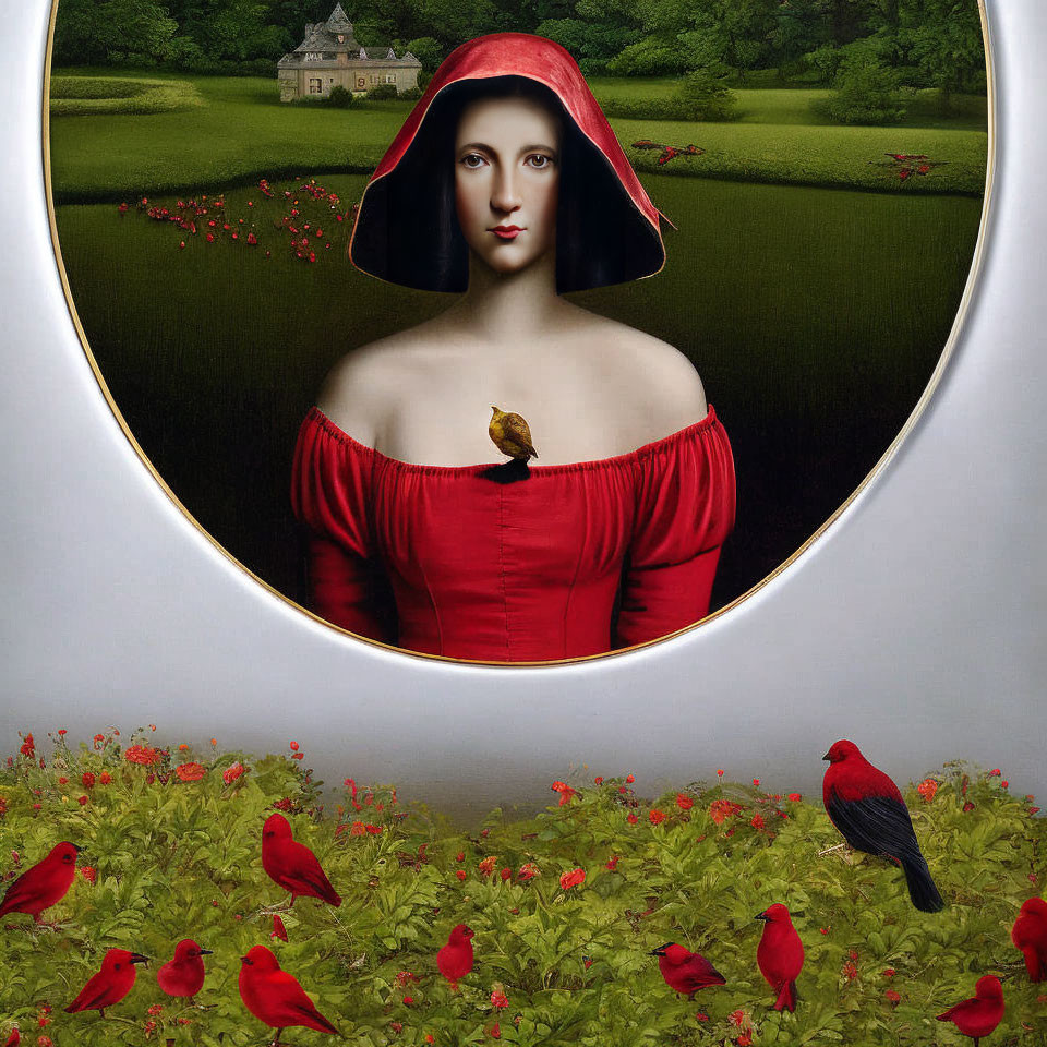 Surreal portrait of woman in red hood with birds and cottage in circular frame