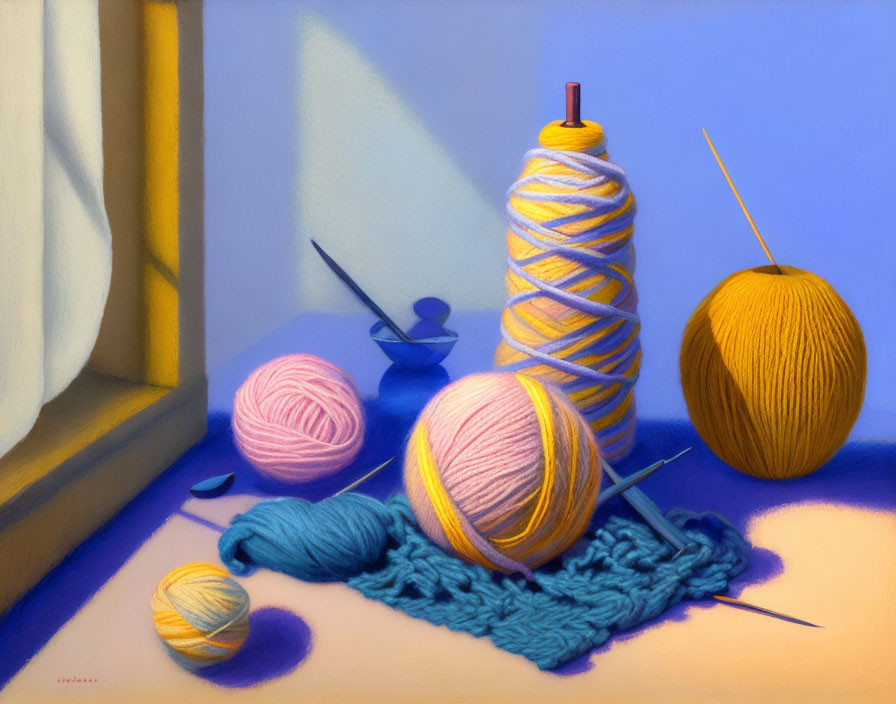 Colorful Balls of Yarn, Knitting Needles, Crochet Piece on Table