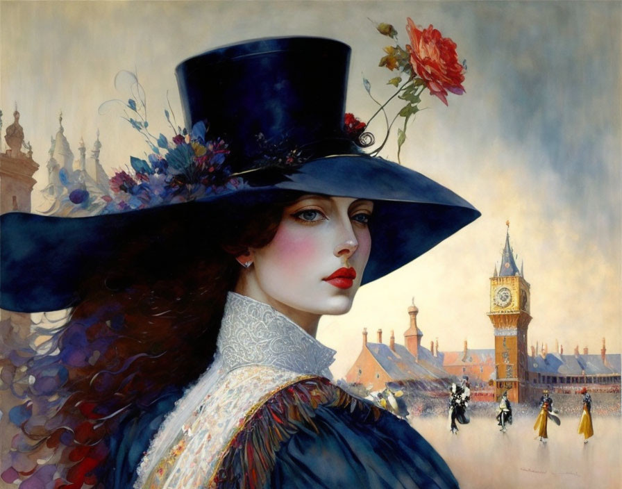 Victorian-themed painting with woman in floral hat and Big Ben backdrop