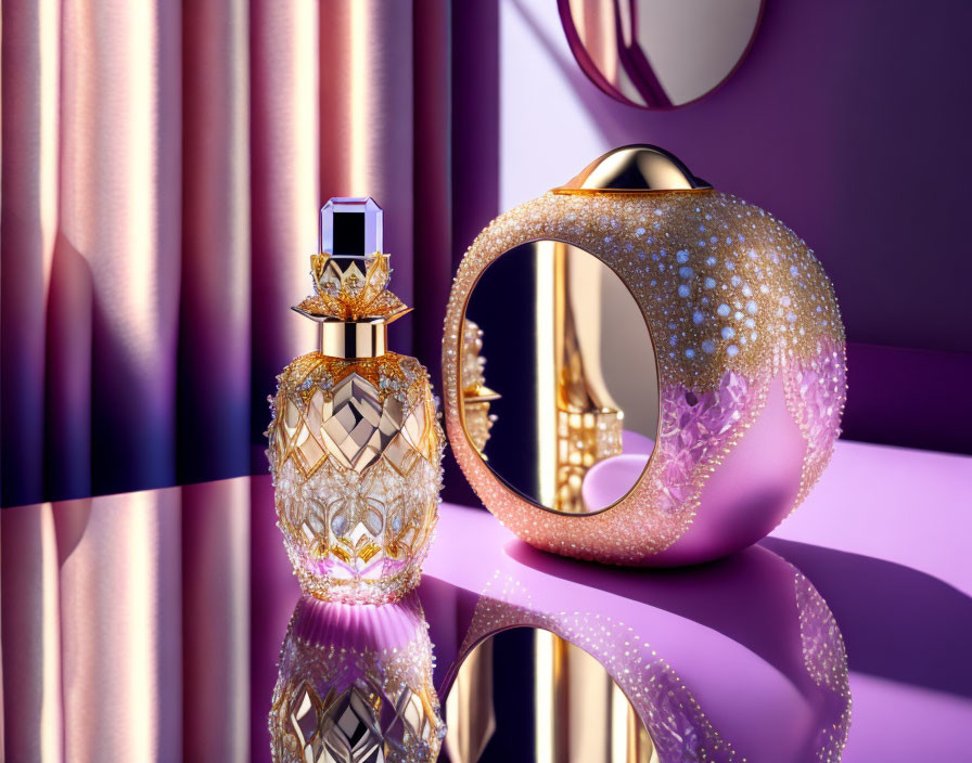 Golden Embellished Perfume Bottle on Reflective Surface with Decorative Orb