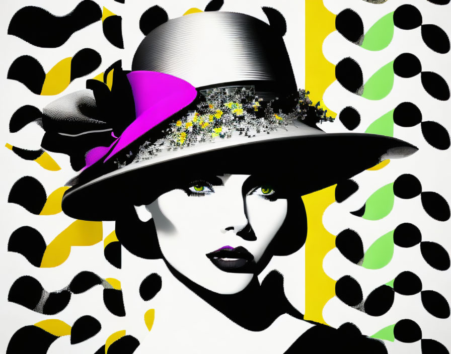 Stylized graphic of woman in bold makeup with floral hat on dotted yellow and black background