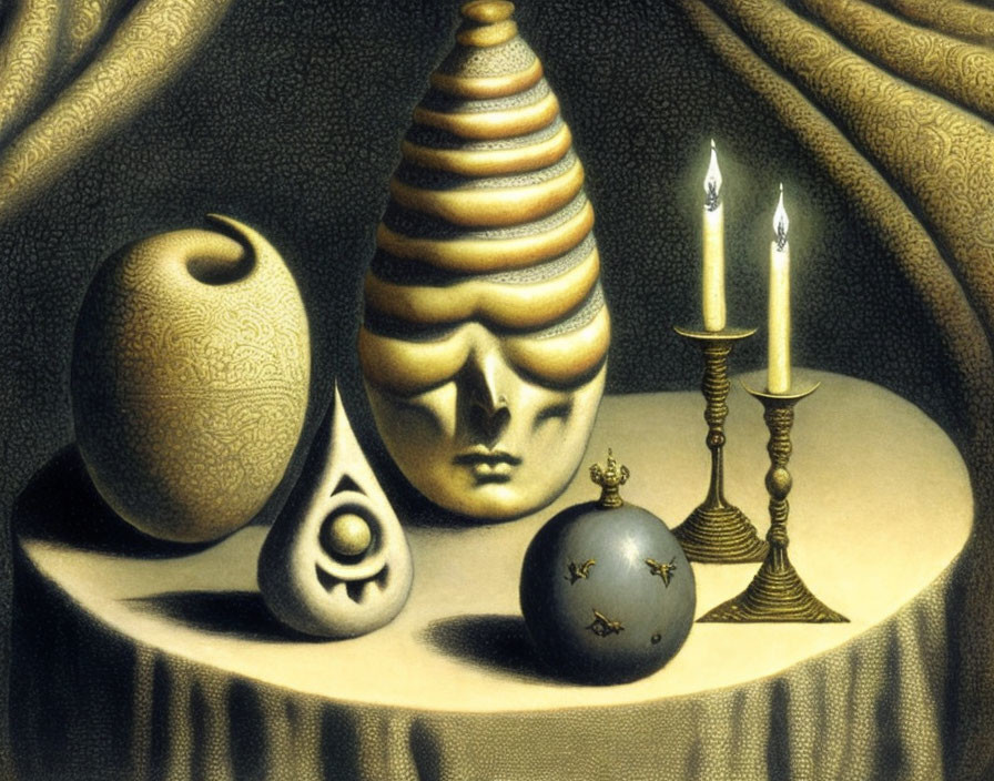 Detailed Still Life Painting with Conical Object, Masked Figure, Ornament, Stars, and C