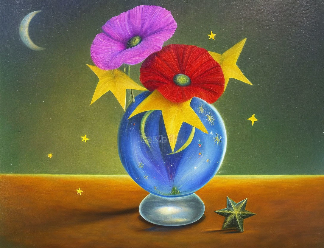 Whimsical painting of blue vase with red and purple flowers on night sky backdrop