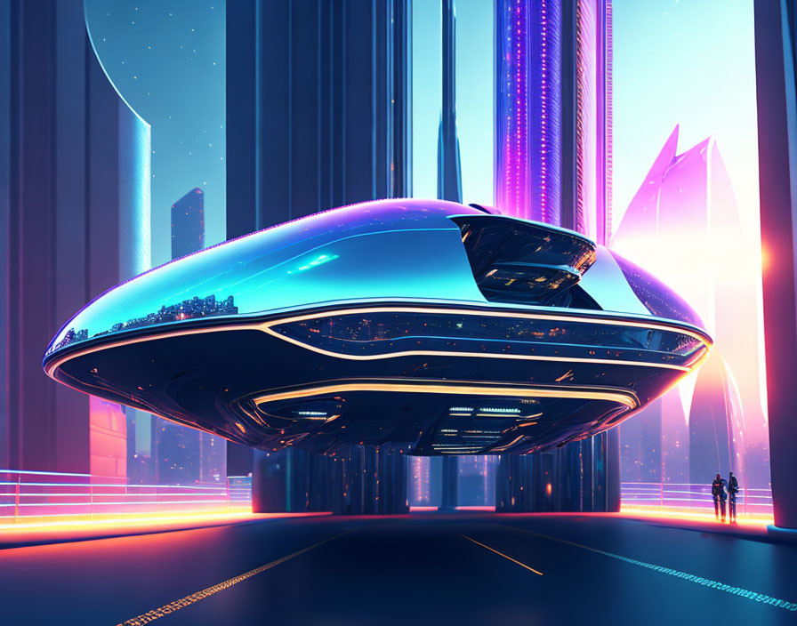 Futuristic flying vehicle over neon-lit city street with figures