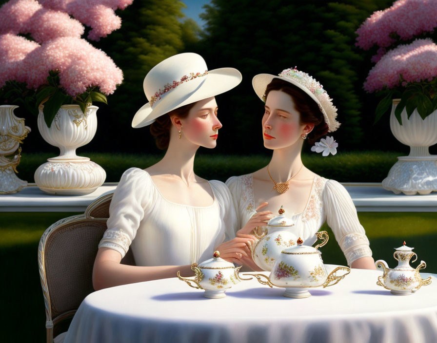 Two women in vintage white dresses and hats at a tea party in a garden setting.