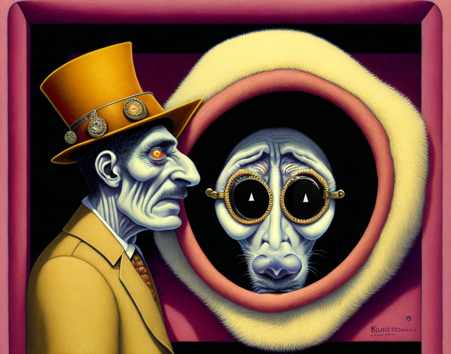 Whimsical painting of man in yellow top hat and sad clown face with clockwork details