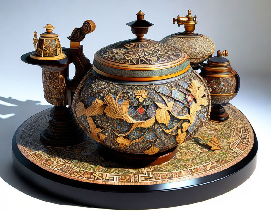 Intricate Middle Eastern teapot and cups set on decorative tray