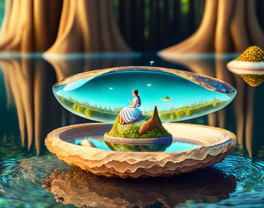 Woman sitting in translucent clamshell on surreal island with drapery and mushrooms