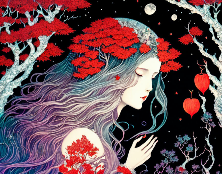 Fantastical night scene with woman, purple hair, red tree leaves, lanterns, celestial bodies