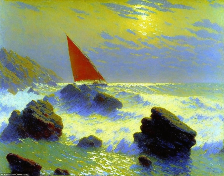 Sailboat painting with red sail on sea and golden sky