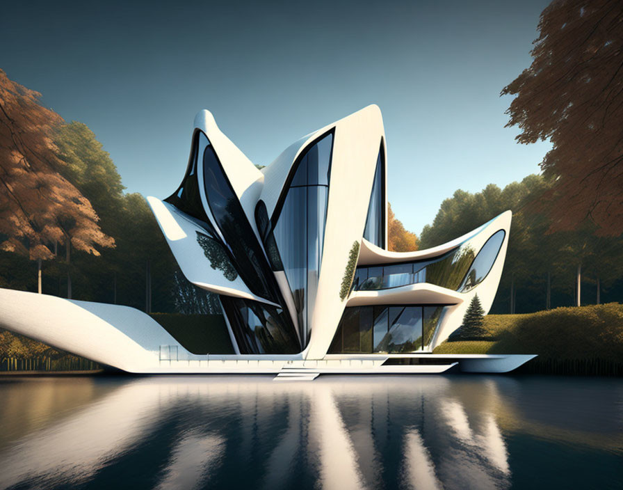 White futuristic building in serene dusk setting