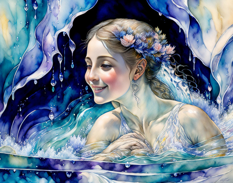 Smiling woman with flowers in hair submerged in water