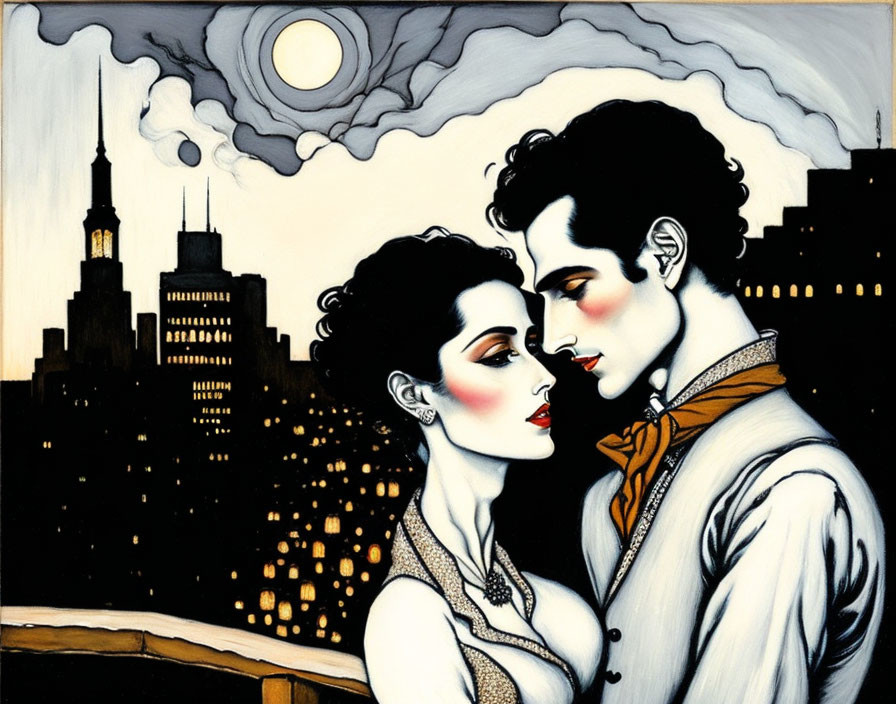 Illustrated couple embracing under full moon in city skyline.