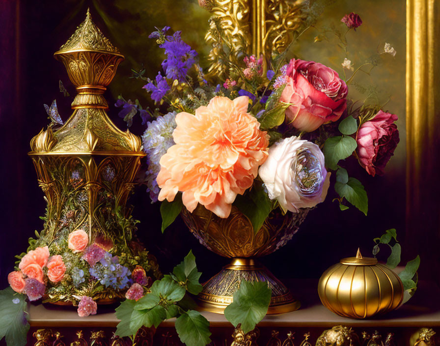 Golden vase with colorful blooms, gold urn, and spherical object on classical backdrop