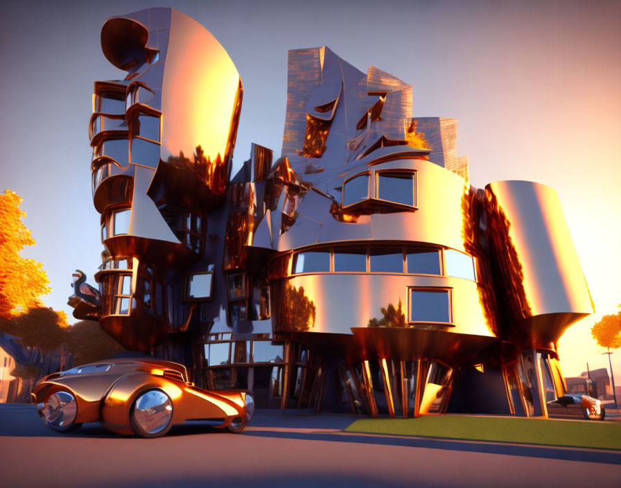 Abstract metallic building and vintage car under warm sunset sky