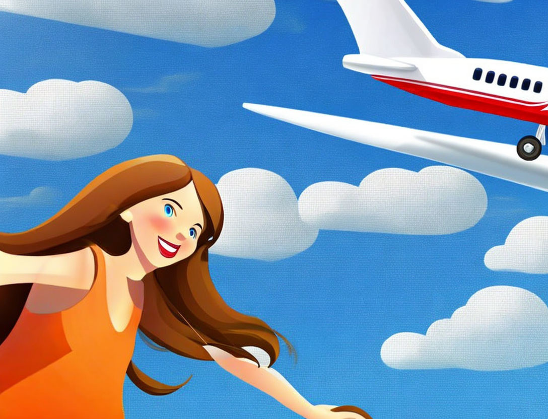 Smiling woman in orange dress reaching for plane in blue sky