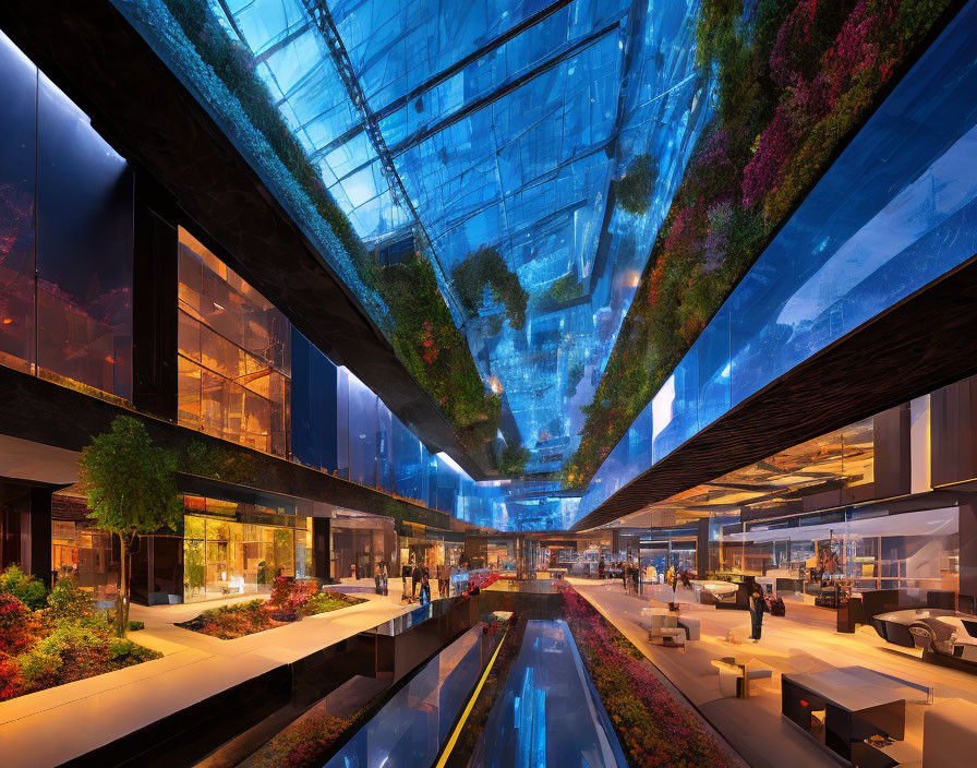 Modern indoor plaza with vertical gardens, ambient lighting, and glass ceiling.