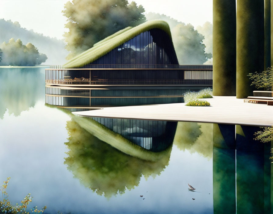 Curved green roof structure by calm lake in forested landscape