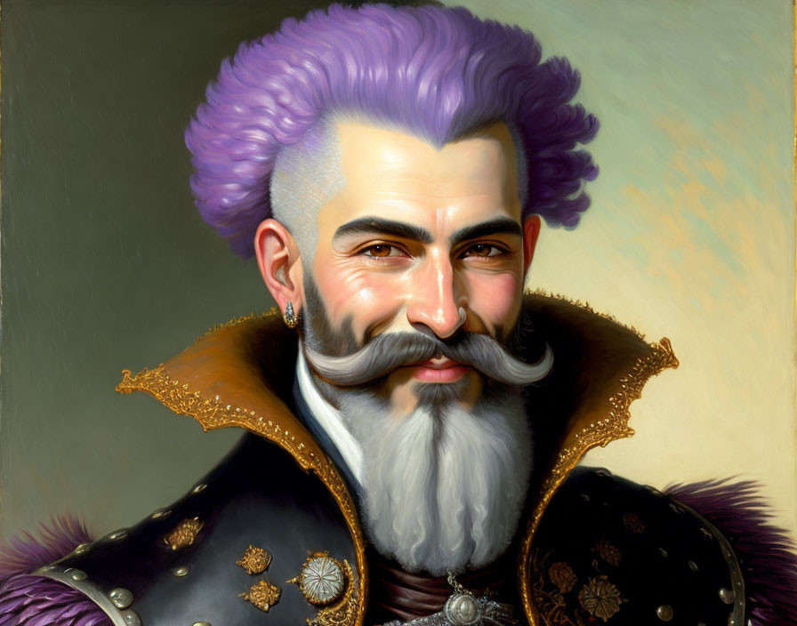 Digital artwork: Man with purple pompadour & styled beard in black, gold-embellished