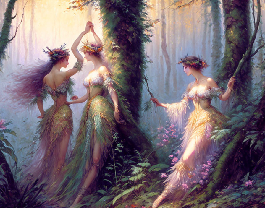 Ethereal female figures with floral crowns dancing in enchanted forest