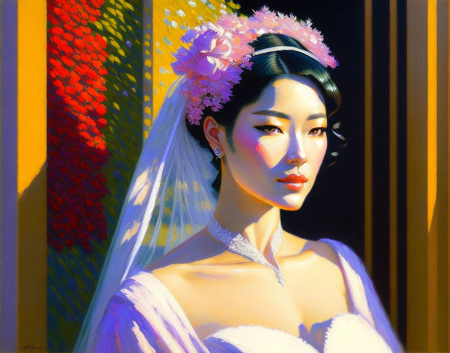 Asian bride portrait with floral hairpiece in warm light on colorful backdrop