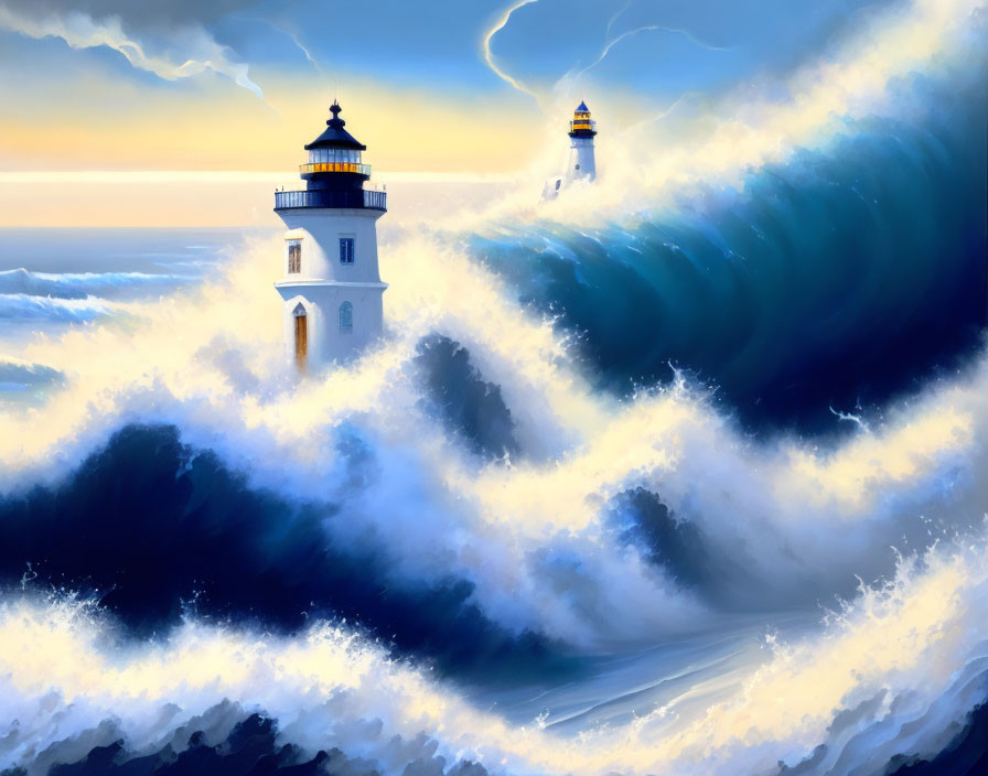 Digital painting of lighthouse on rocky outcrop amidst turbulent seas