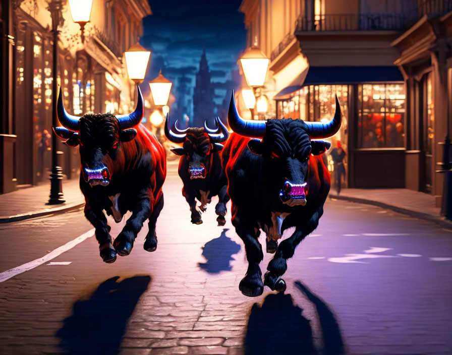 Three glowing-eyed bulls charging down cobblestone street at night