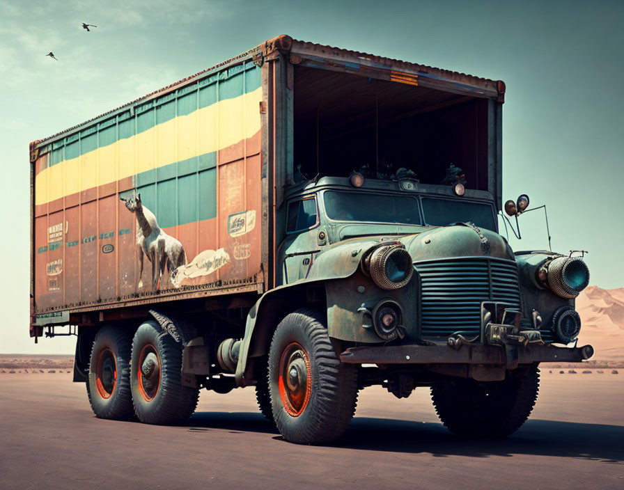 Colorful Retro Truck with Horse Image in Desert Setting