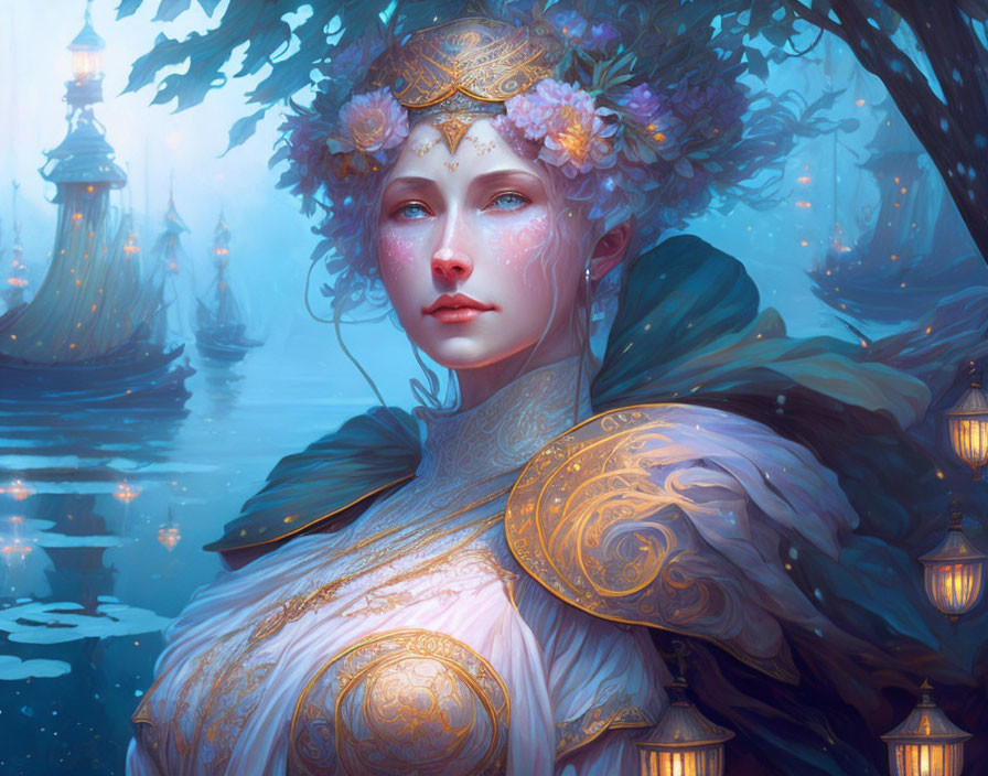 Pale-skinned female figure in floral crown and ornate armor against lantern-lit waterscape