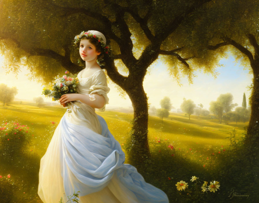 Tranquil painting of young woman in white dress under tree canopy