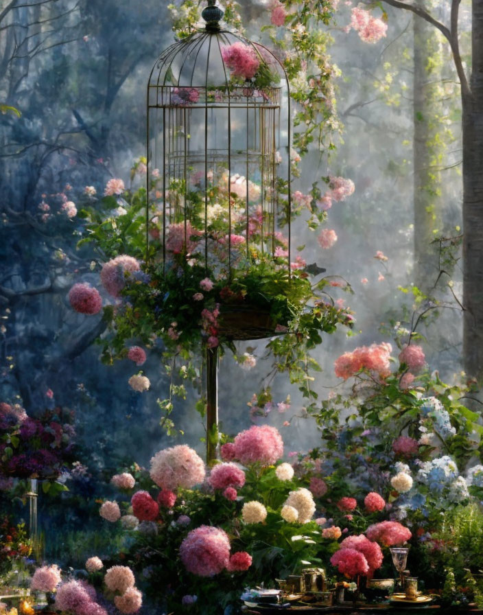 Ethereal garden scene with hanging birdcage and pink flowers in misty woods